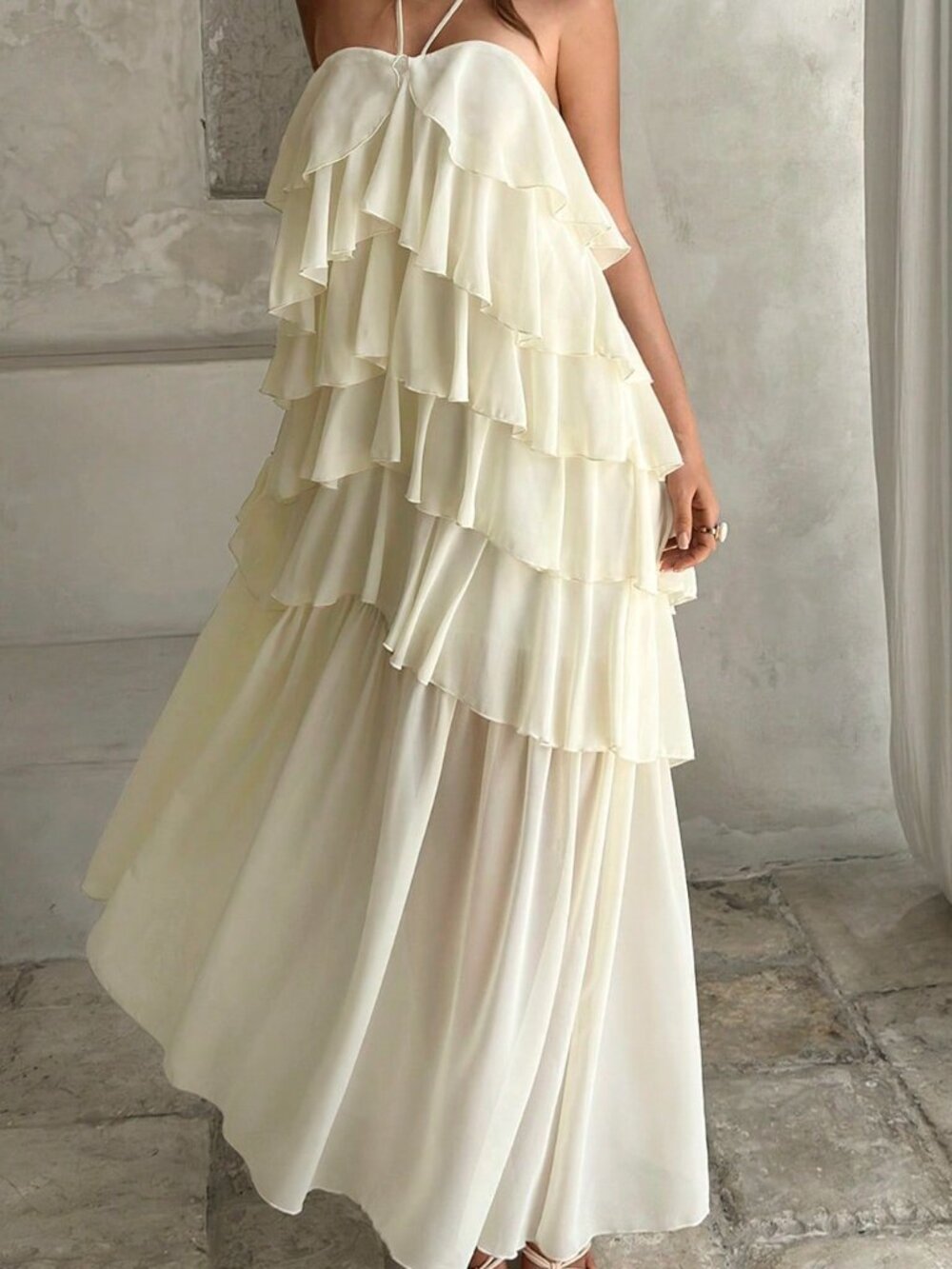 Apricot Boho Women's Elegant Romantic Layered Ruffle Halter Dress - Picture 4 of 7